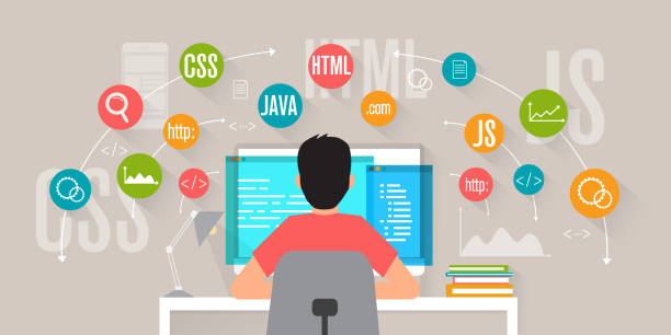 Front End Development, web application, website creating concept. Programmer coding and programming. Flat vector illustration. Front End Development, web application, website creating concept. Programmer coding and programming. Flat vector illustration. Front End Development programming javascript stock illustrations