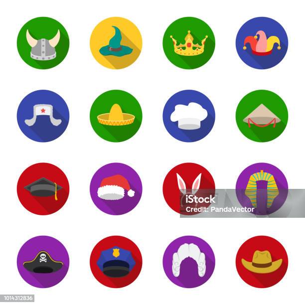 Different Kinds Of Hats Flat Icons In Set Collection For Designheaddress Vector Symbol Stock Web Illustration Stock Illustration - Download Image Now