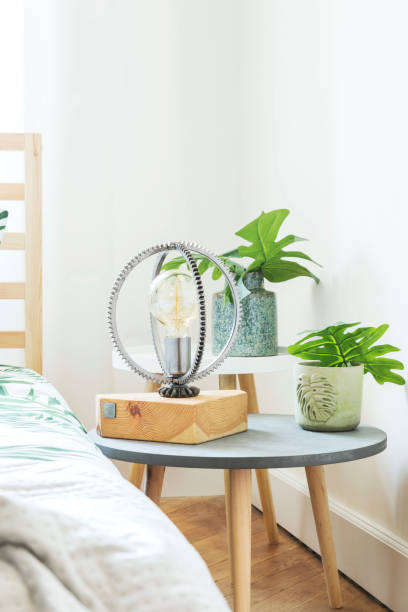 istock Modern and stylish bedroom with plants, design lamp and floral pattern bedding. Bright and sunny space with wooden parquet and white walls. 1014313048