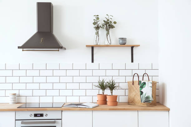 istock Stylish scandinavian open space with kitchen accessories, plants. Design room with white walls. 1014313502