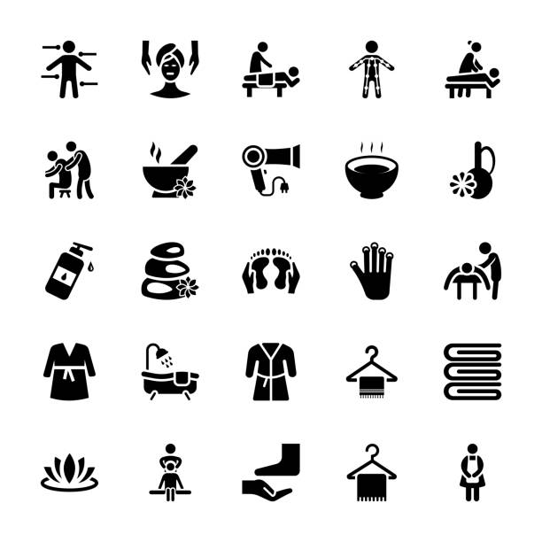 ilustraciones, imágenes clip art, dibujos animados e iconos de stock de conjunto de iconos de vector de masaje - massage therapist illustrations