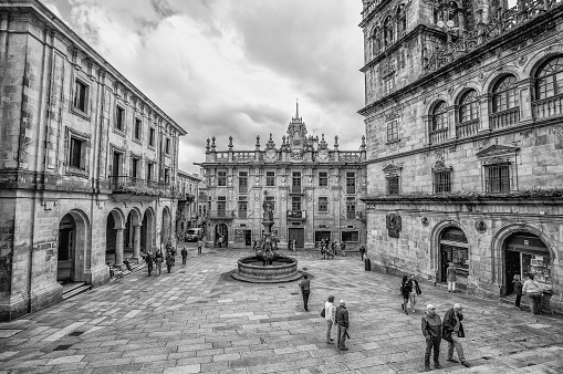 Santiago de Compostela, Spain, June 14, 2016 - Santiago de Compostela Cathedral in Praterias Square with the Fountain of Horses in Santiago de Compostela, Galicia, Spain.
