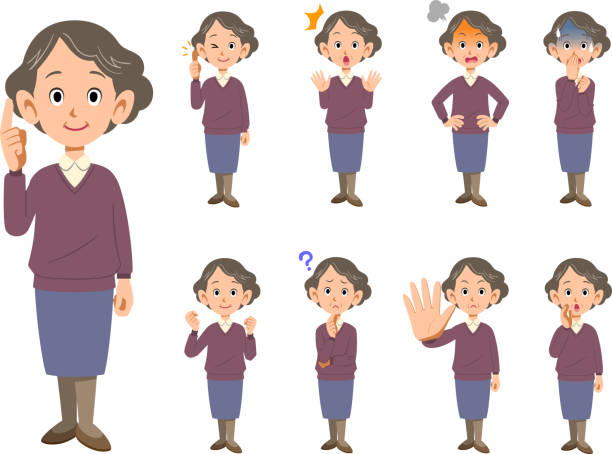 Elderly female facial expression and pose set 9 types _ whole body Elderly female facial expression and pose set 9 types _ whole body impatient woman stock illustrations