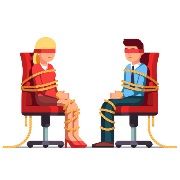 Blindfold business man and woman sitting on chairs. Flat vector clipart illustration Blindfold business man and woman with rope tied hands, foots sitting on office chairs. Metaphor of professional challenges in a career. Flat style vector illustration isolated on white background bound woman stock illustrations