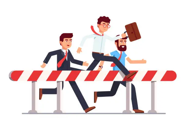 Vector illustration of Business man in race over hazardous obstacle. Flat vector clipart illustration