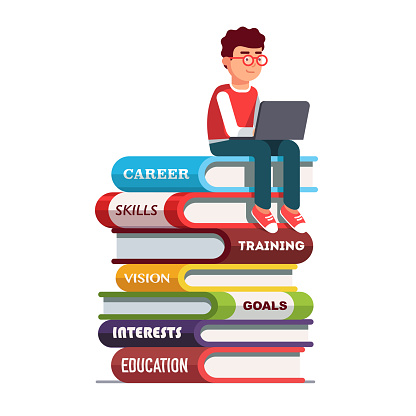 Young man wearing sitting on big books stack representing his skills and knowledge working on laptop computer. Education, professional career establishment basics metaphor. Flat vector illustration