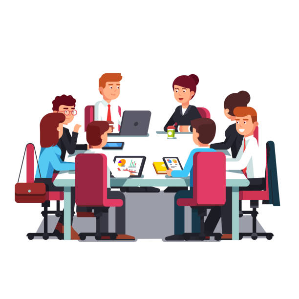 Board of Directors meeting at big conference desk. Flat vector clipart illustration Board of Directors meeting at a big conference desk. Business executives people working and talking together. Flat style vector illustration isolated on white background conference table stock illustrations