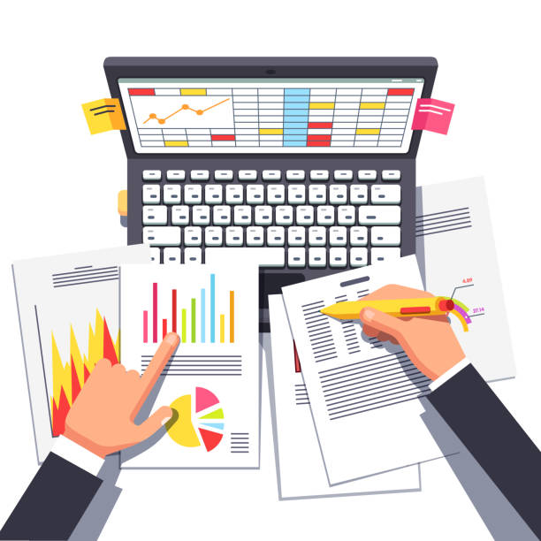 illustrations, cliparts, dessins animés et icônes de analyste d’affaires travaillant sur des données statistiques. illustration de cliparts vecteur plat - analytics data spreadsheet computer