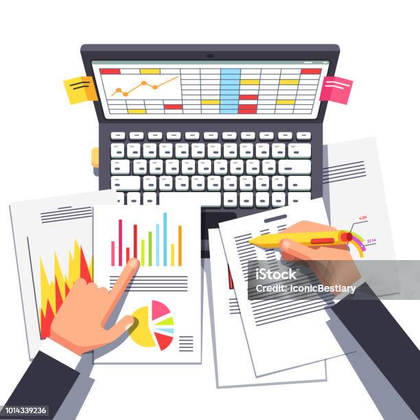 Business Analyst Working On Statistical Data Flat Vector Clipart Illustration Stock Illustration - Download Image Now