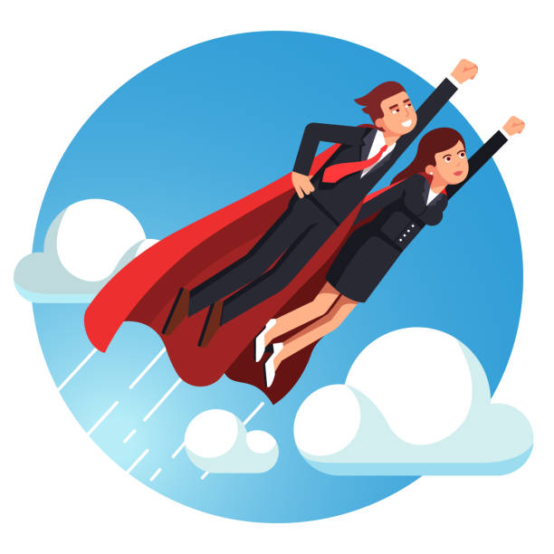 super bohater biznesu mężczyzna i kobieta latające szybko. płaska ilustracja wichowa - superhero flying heroes business stock illustrations
