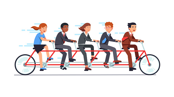 Business people group riding fast on five person tandem bicycle, man and woman in good coordination. Successful businessman collective teamwork cooperation concept. Flat vector illustration