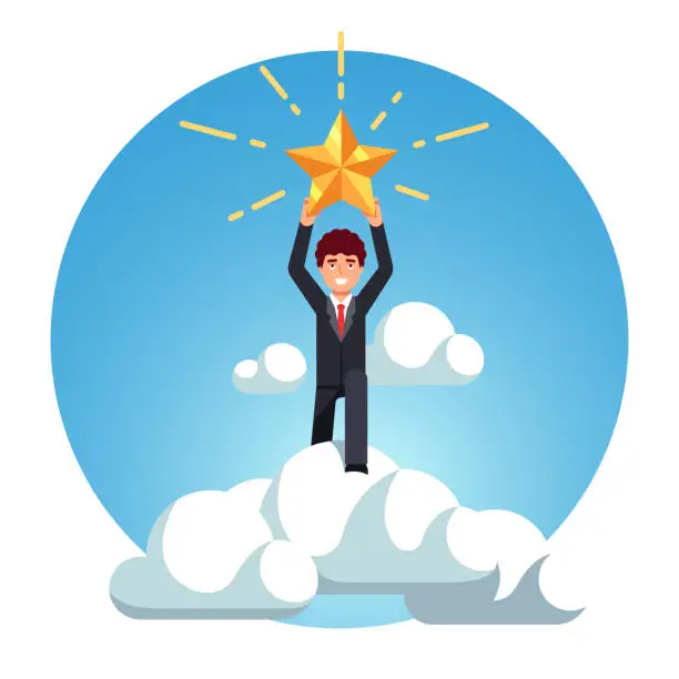 Vector illustration of Business man rise above sky clouds and catch star. Flat vector clipart illustration