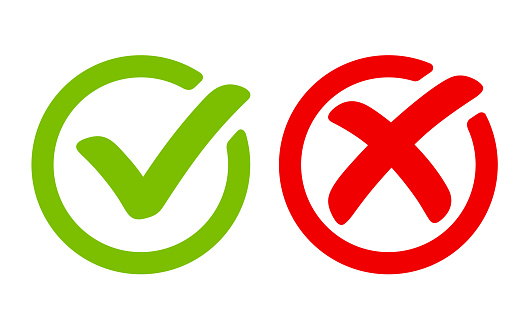 Green tick symbol and red cross sign in circle. Icons for evaluation quiz.