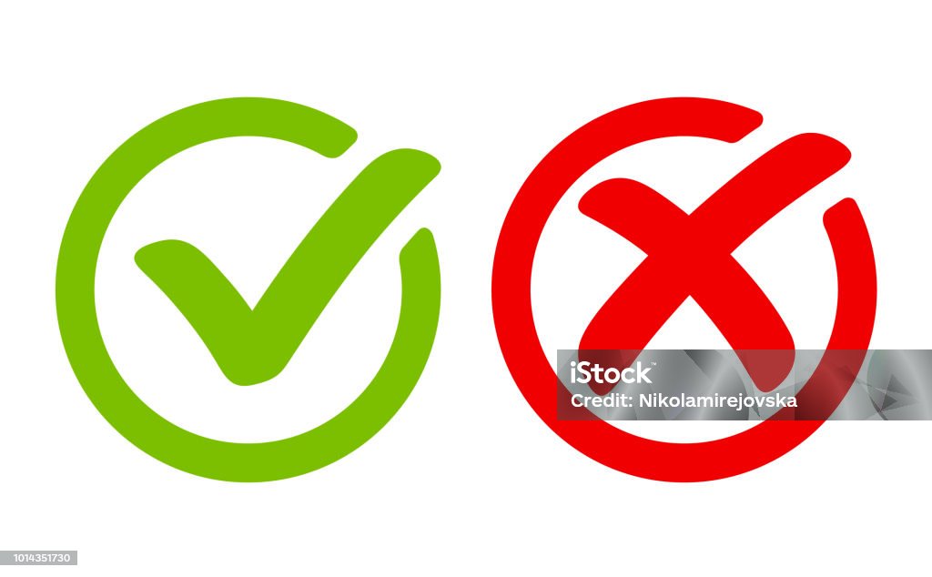 Green tick symbol and red cross sign in circle. Icons for evaluation quiz. Vector. Green tick symbol and red cross sign in circle. Icons for evaluation quiz. Check Mark stock vector