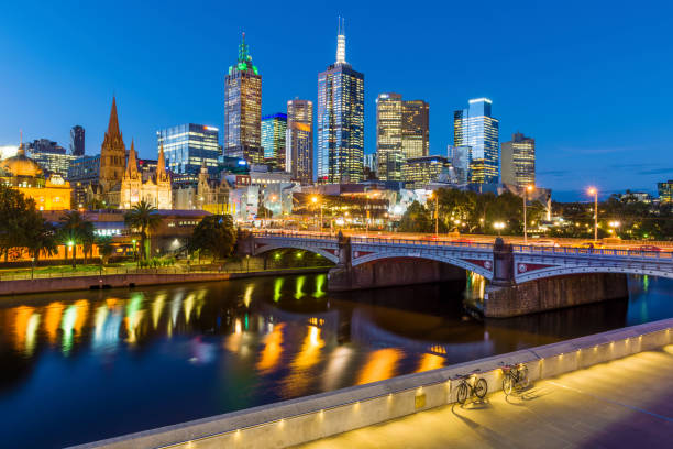 Melbourne and the Yarra River at night. stock photo
