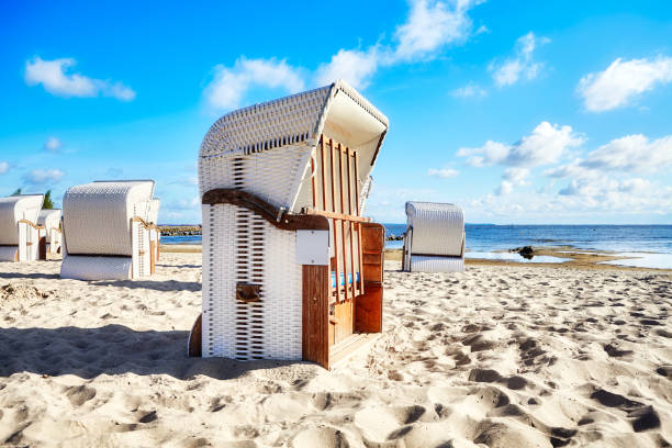 istock Hooded wicker basket chairs on a beach. 1014365002