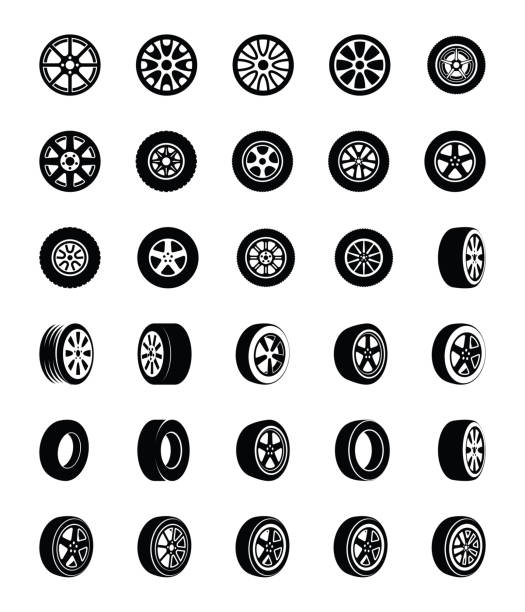 ilustraciones, imágenes clip art, dibujos animados e iconos de stock de neumáticos glifo vector iconos conjunto - tire rim