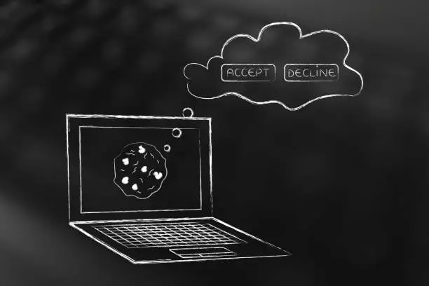 cookie policy concept: laptop with accept or decline options in a thought bubble