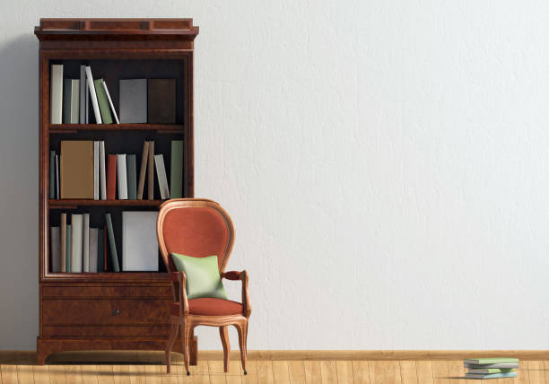 istock Classic interior with bookcase and chair. Wall mock up. 3d illustration. 1014383138