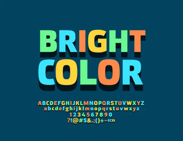 Vector illustration of Vector Bright Color Font with Shadow Minimal Design Alphabet