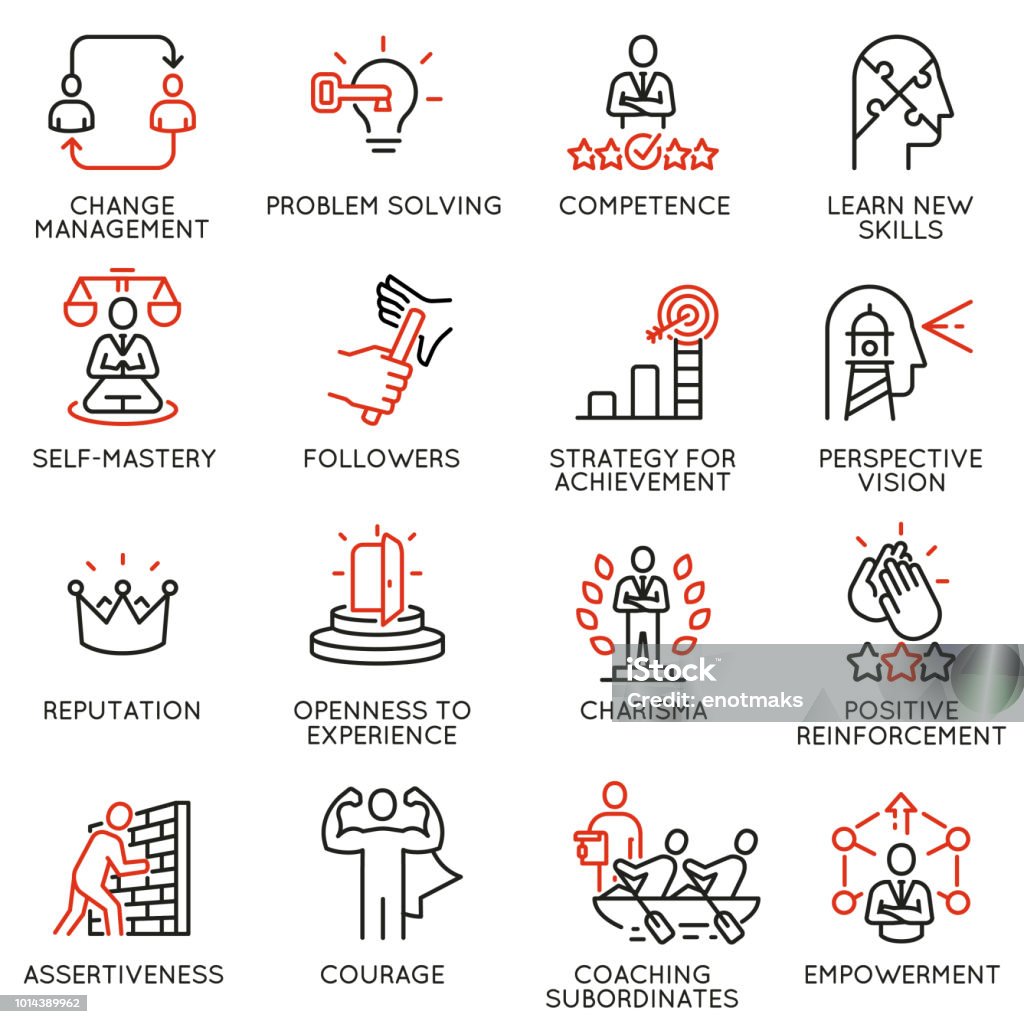 Vector set of linear icons related to skills, empowerment leadership development and qualities of a leader. Mono line pictograms and infographics design elements - part 6 Icon Symbol stock vector