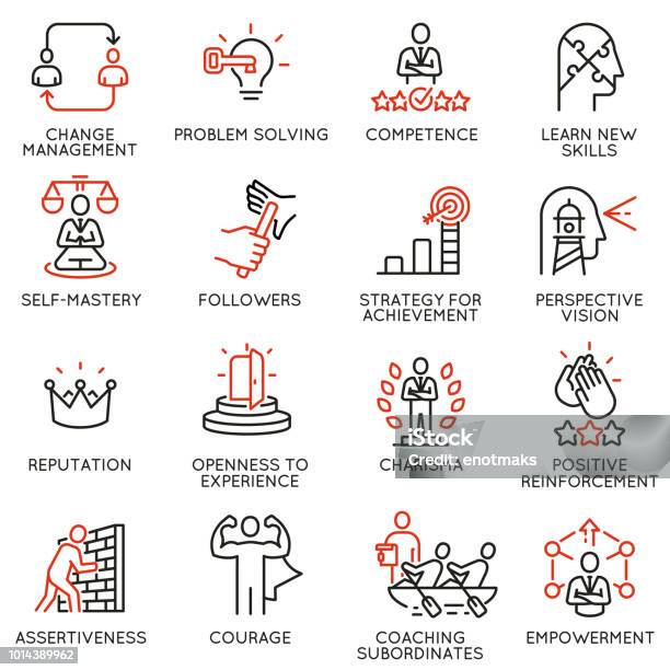 Vector Set Of Linear Icons Related To Skills Empowerment Leadership Development And Qualities Of A Leader Mono Line Pictograms And Infographics Design Elements Part 6 Stock Illustration - Download Image Now