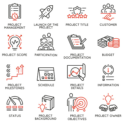 Vector set of linear icons related to project management. Mono line pictograms and infographics design elements - part 1