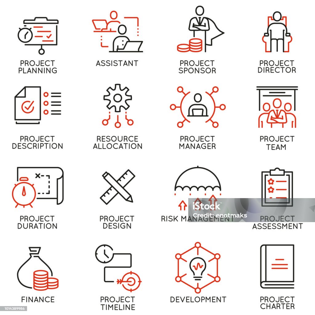 Set vettoriale di icone lineari relative alla gestione del progetto. Pittogrammi monomarca ed elementi di design infografici - parte 2 - arte vettoriale royalty-free di Icona