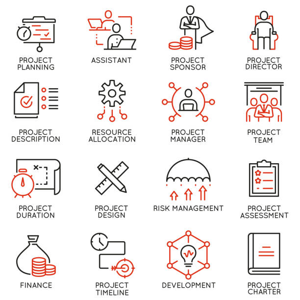 illustrazioni stock, clip art, cartoni animati e icone di tendenza di set vettoriale di icone lineari relative alla gestione del progetto. pittogrammi monomarca ed elementi di design infografici - parte 2 - ruled lines immagine