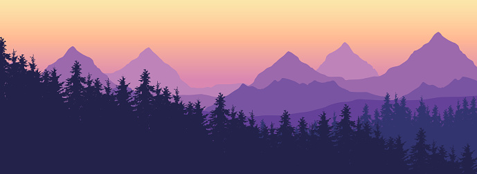 Landscape with high mountains and coniferous forest in multiple layers, under yellow purple sky and space for text - vector