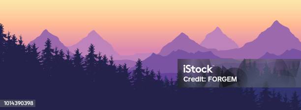 Landscape With High Mountains And Coniferous Forest In Multiple Layers Under Yellow Purple Sky And Space For Text Vector Stock Illustration - Download Image Now