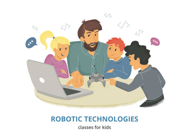 Robotic technologies classes for kids. Robotic technologies classes for kids. Flat vector illustration of male teacher sitting with group of children at the table and explaining how coding robots. Kids looking at their coach and laptop child robot class stock illustrations