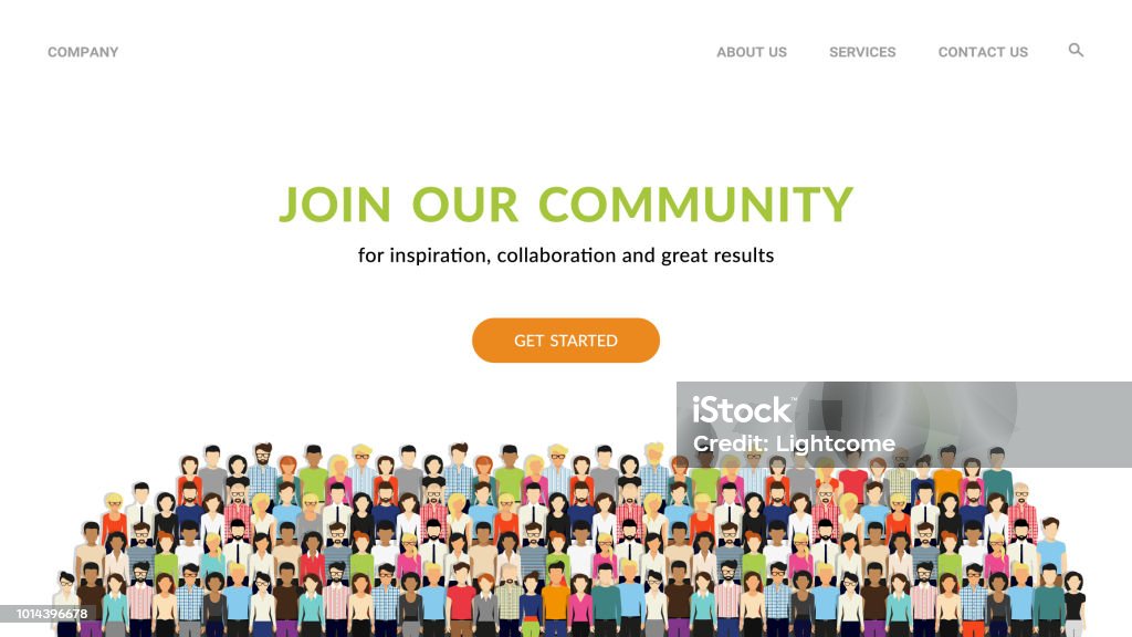 Join our community. Crowd of united people as a business or creative community standing together Join our community. Flat concept vector website template and landing page design for invitation to summit or conference. Crowd of united people as a business or creative community standing together Crowd of People stock vector