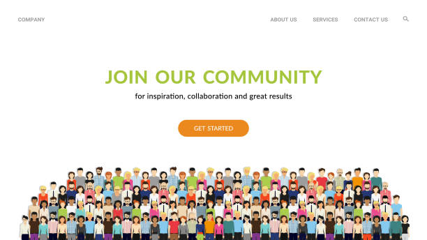 Join our community. Crowd of united people as a business or creative community standing together Join our community. Flat concept vector website template and landing page design for invitation to summit or conference. Crowd of united people as a business or creative community standing together crowd of people illustrations stock illustrations