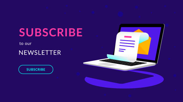 Subscribe to our weekly newsletter flat vector neon illustration Subscribe to our newsletter flat vector neon illustration for ui ux web design with text and button. Isometric laptop with newsletter in open envelope on violet background and shadow under notebook newsletter stock illustrations