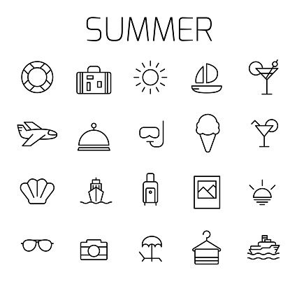 Summer related vector icon set. Well-crafted sign in thin line style with editable stroke. Vector symbols isolated on a white background. Simple pictograms.