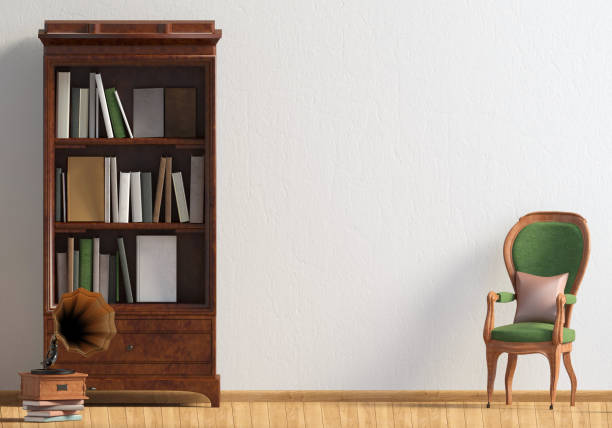 istock Classic interior with bookcase and chair. Wall mock up. 3d illustration. 1014403972