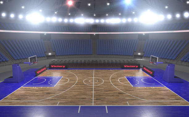 rendering 3d dello stadio di basket con luci - deep of field foto e immagini stock