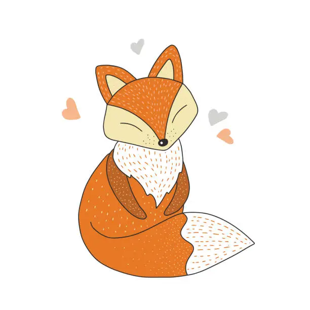 Vector illustration of Cute hand drawn vector card with little dreaming fox.