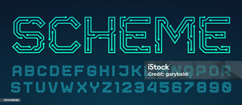 Vector printed circuit board style font. Vector printed circuit board style font. Blue latin letters from A to Z and numbers from 0 to 9 made of electric current wires and connectors. Futuristic design concept. Technology stock vector