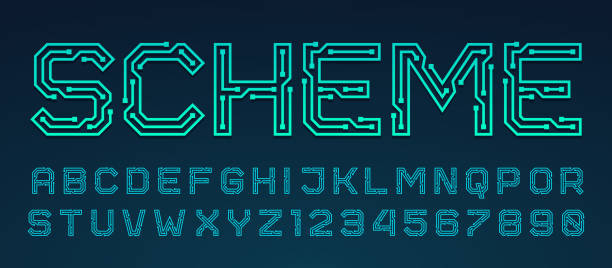 Vector printed circuit board style font. Vector printed circuit board style font. Blue latin letters from A to Z and numbers from 0 to 9 made of electric current wires and connectors. Futuristic design concept. electricity patterns stock illustrations