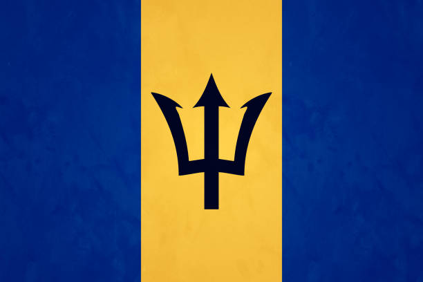 A vertical triband of ultramarine (hoist-side and fly-side) and gold with the black trident-head centred on the gold band. - The national flag of Barbados with a proportion of 2:3, officially adopted on 30 November 1966, the island's first Independence Day from the UK.