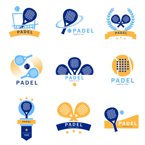 logo padel paddle tenis - tennis court tennis ball racket stock illustrations