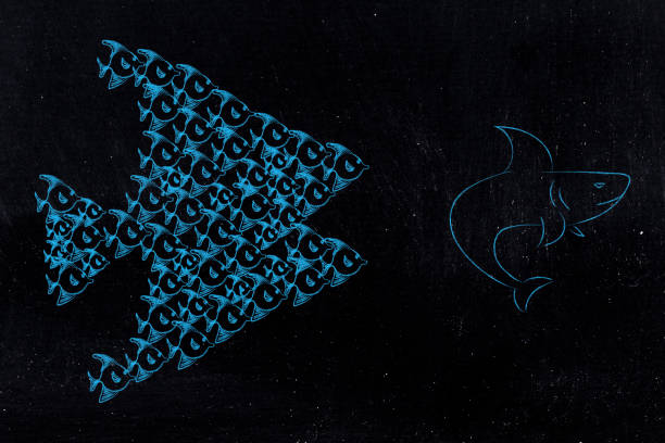 istock groupf of small fish chasing and scaring a shark together 1014415182