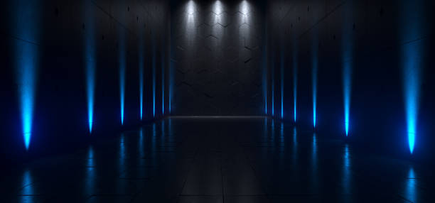 istock Empty Dark Futuristic Sci Fi Big Hall Room With Lights And Refelction Surface 3D Rendering 1014416736