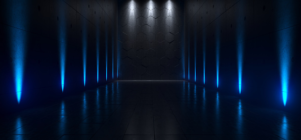 Empty Dark Futuristic Sci Fi Big Hall Room With Lights And Refelction Surface 3D Rendering Illustration