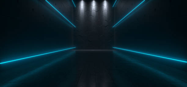 istock Empty Dark Futuristic Sci Fi Big Hall Room With Lights And Refelction Surface 3D Rendering 1014417880