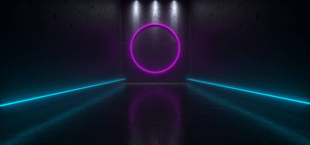 istock Empty Dark Futuristic Sci Fi Big Hall Room With Lights And Circle Shaped Neon Light On  Refelction Surface 3D Rendering 1014417910