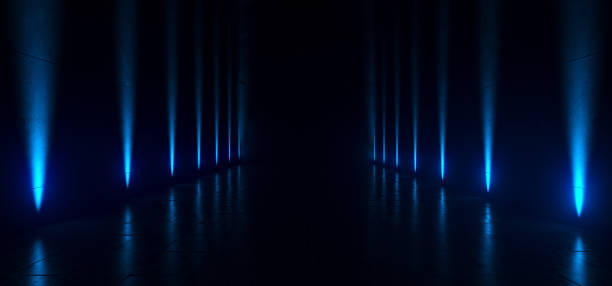 Empty Dark Futuristic Sci Fi Big Hall Room With Lights And Refelction Surface 3D Rendering