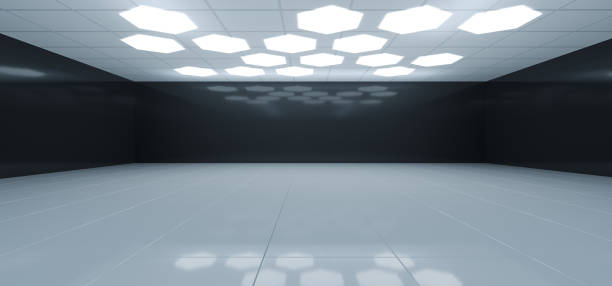 istock Futuristic Interior Black And White Room With Hexagon Shaped White Lights On The Ceiling With Empty Space Wall 3D Rendering 1014418194